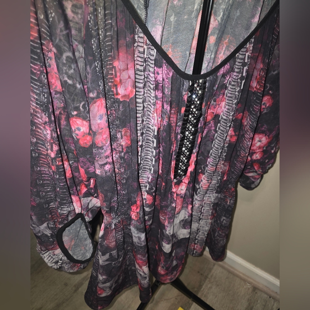 City Chic Black Sheer Blouse with Pink Floral Print